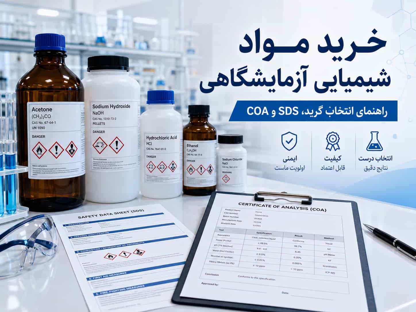 راهنمای کامل خرید مواد شیمیایی آزمایشگاهی از انتخاب گرید تا تحویل