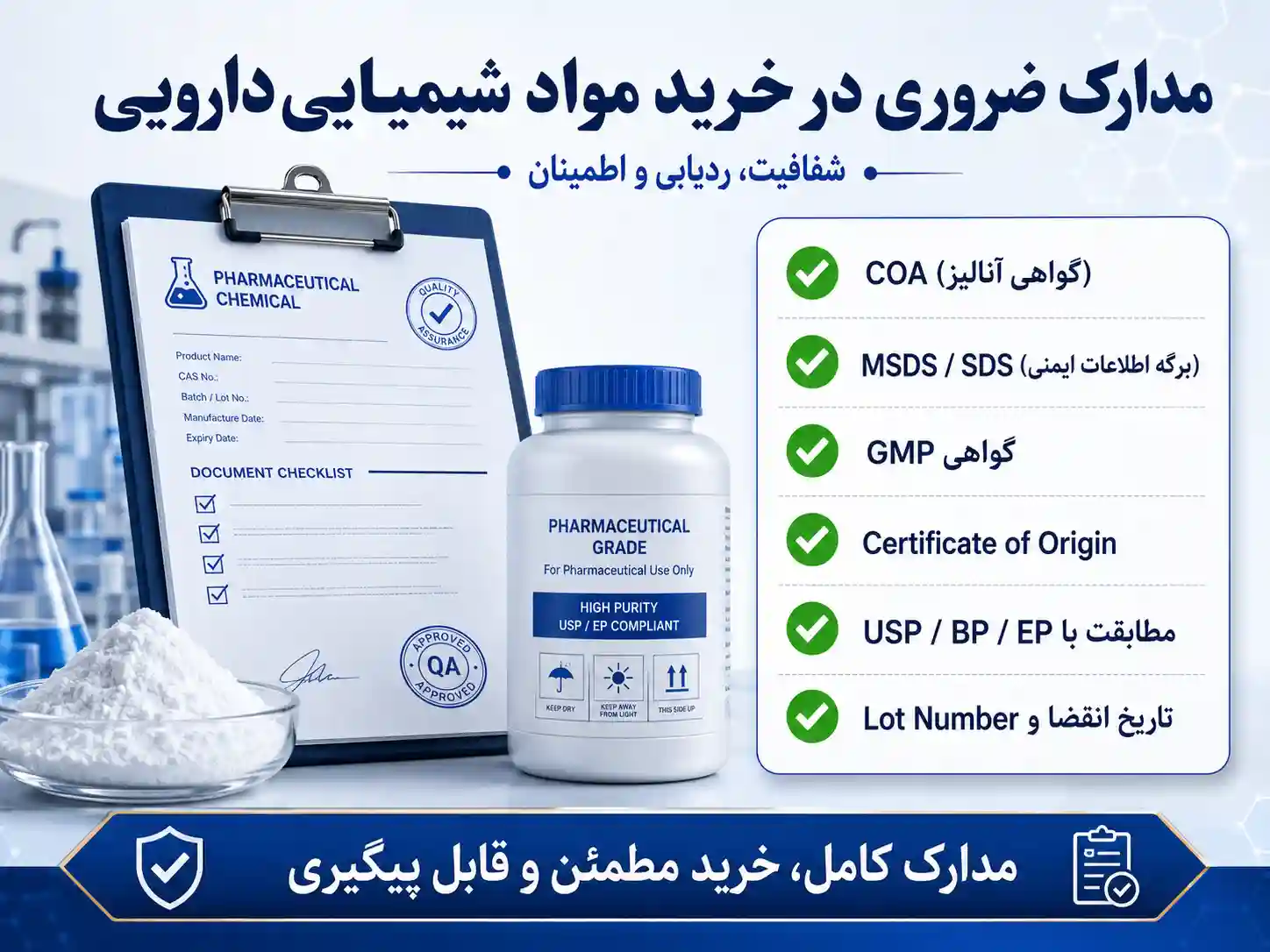 مدارک COA و MSDS در خرید مواد دارویی — چه هستند و چگونه باید بررسی کرد