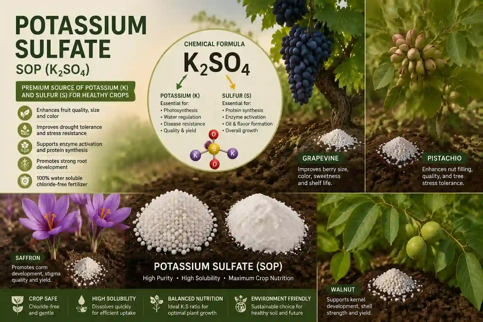 کود سولفات پتاسیم چیست؟ ترکیب شیمیایی و ویژگی‌ های فنی SOP