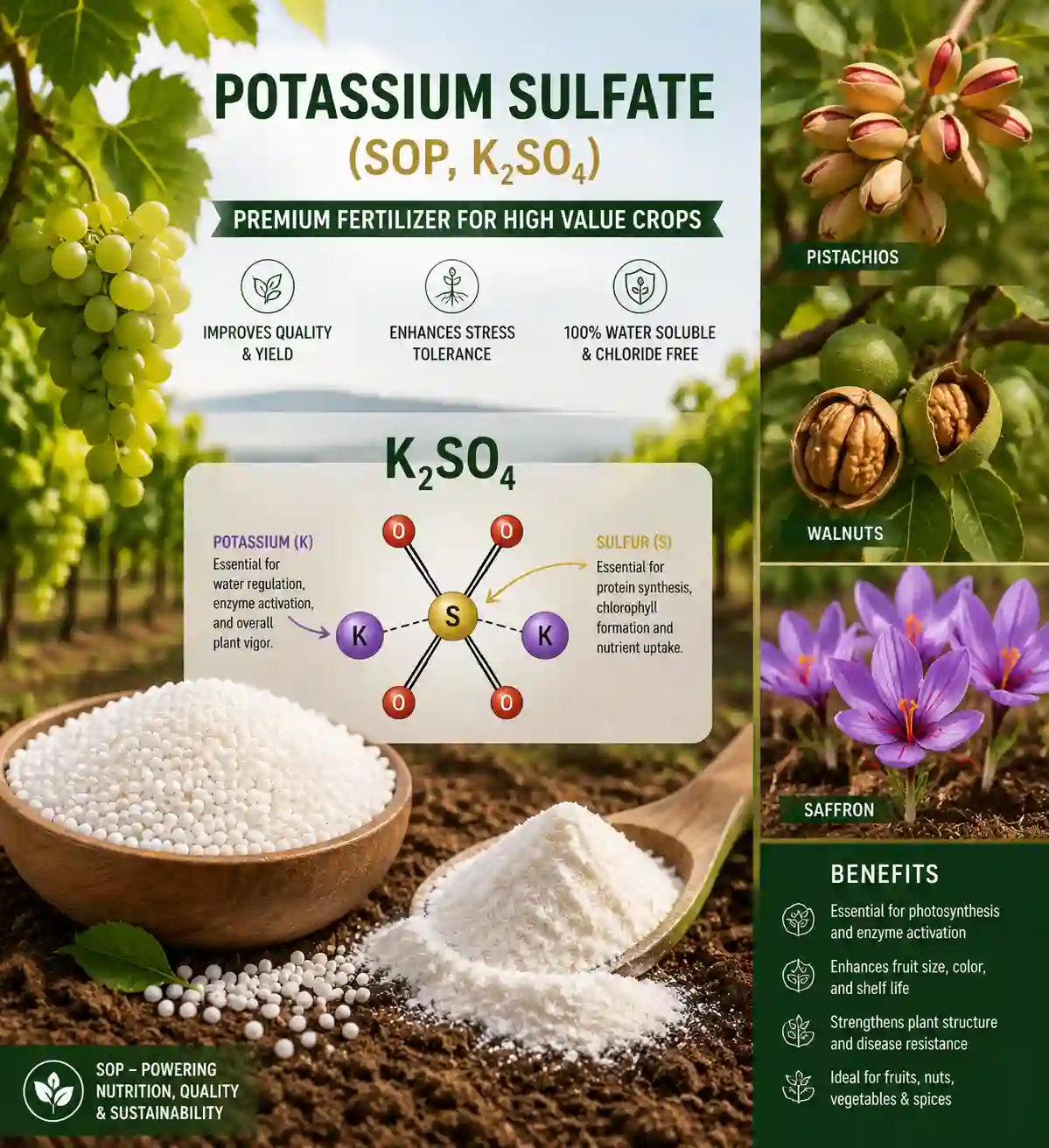 کود سولفات پتاسیم چیست؟ راهنمای کامل مصرف برای انگور، پسته، برنج