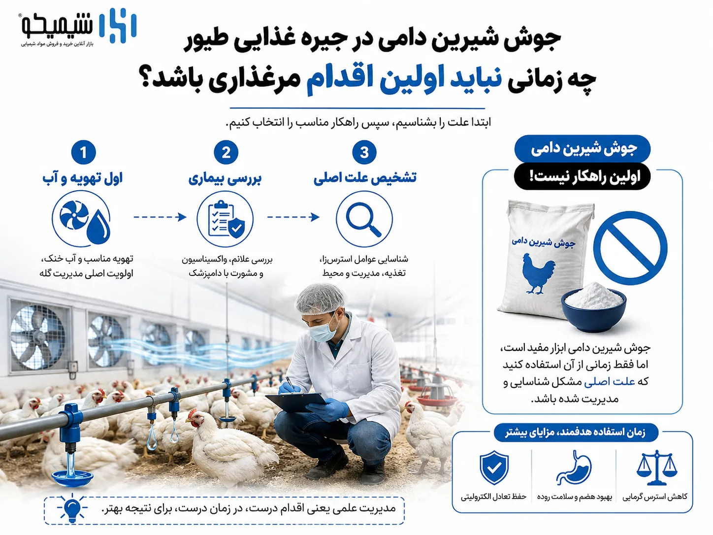 جوش شیرین دامی در جیره غذایی طیور چه زمانی نباید اولین اقدام مرغداری باشد؟