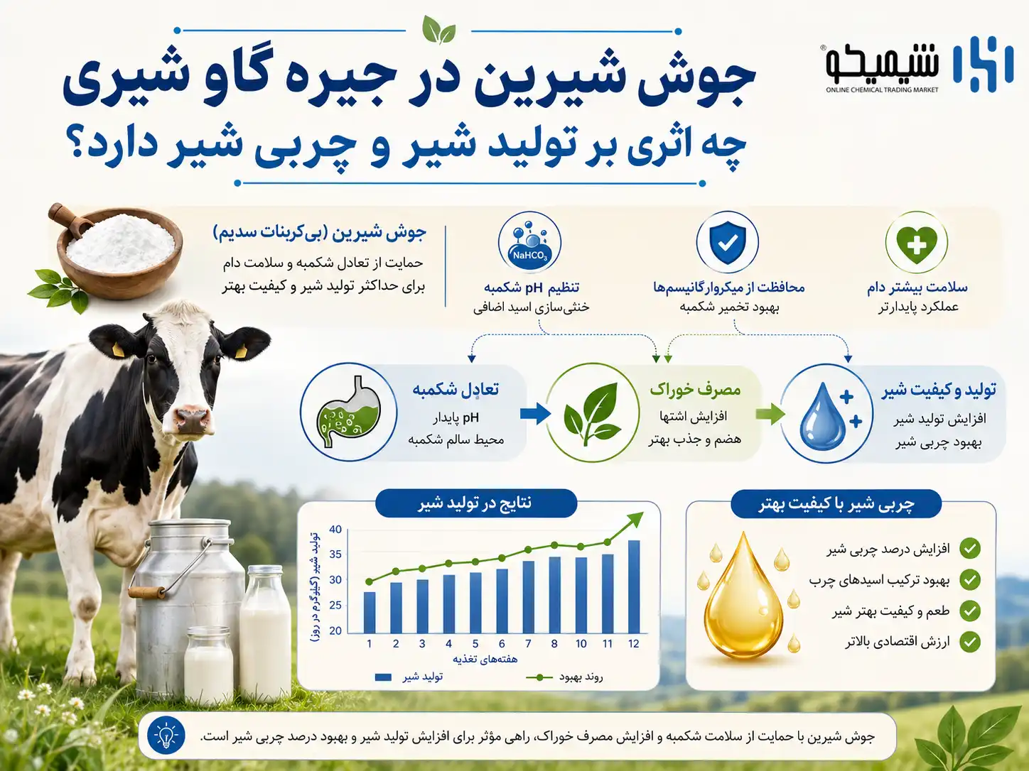 جوش شیرین در جیره گاو شیری چه اثری بر تولید شیر و چربی شیر دارد؟