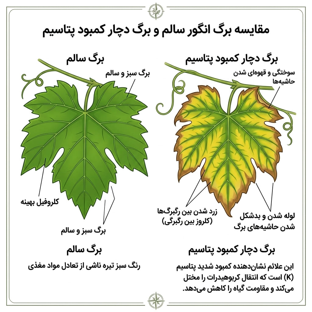 علائم کمبود پتاسیم در درخت انگور