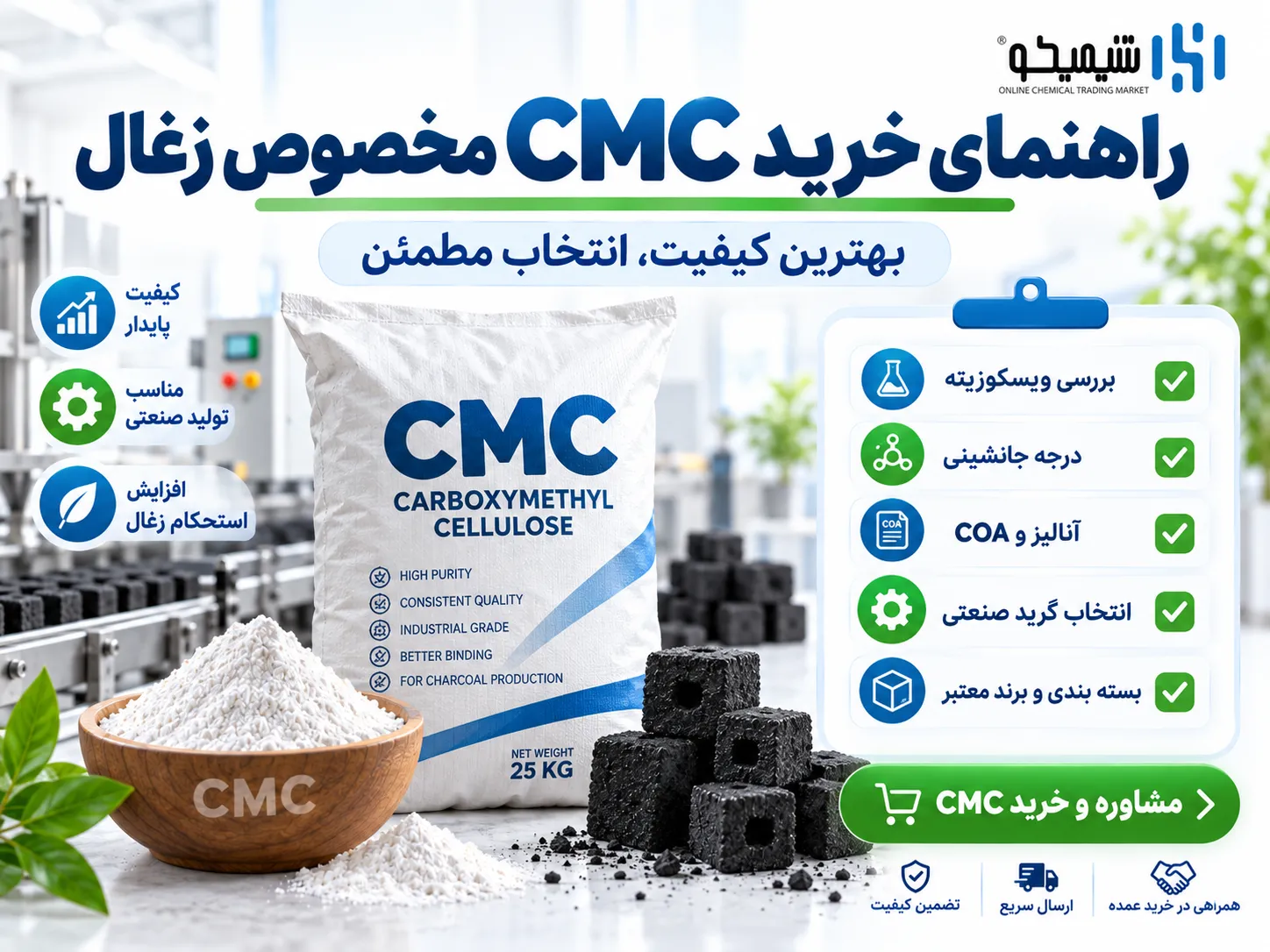 راهنمای خرید CMC در تولید زغال: خلوص، COA، بسته بندی و تست نمونه