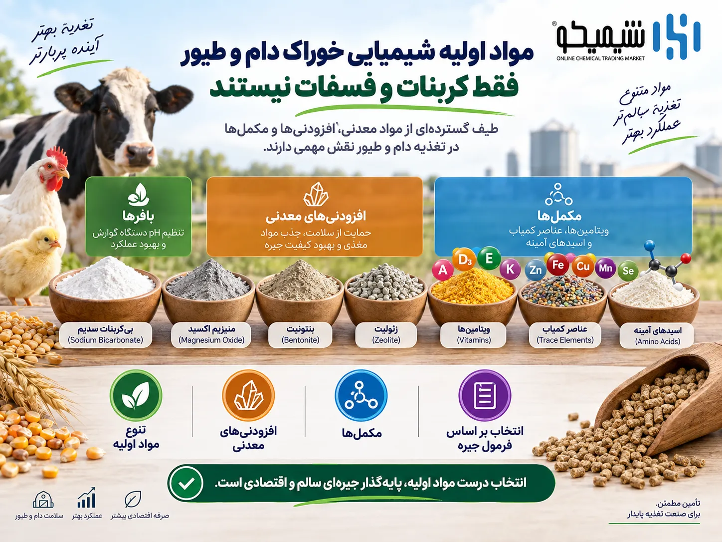 مواد اولیه شیمیایی خوراک دام و طیور فقط کربنات و فسفات نیستند