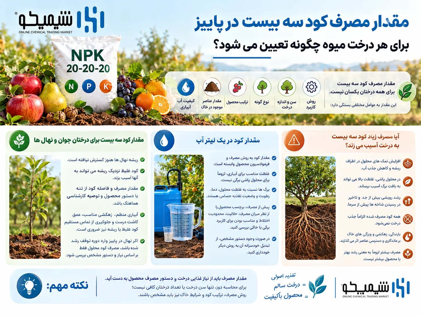 مقدار مصرف کود سه بیست در پاییز برای هر درخت میوه چگونه تعیین می شود؟