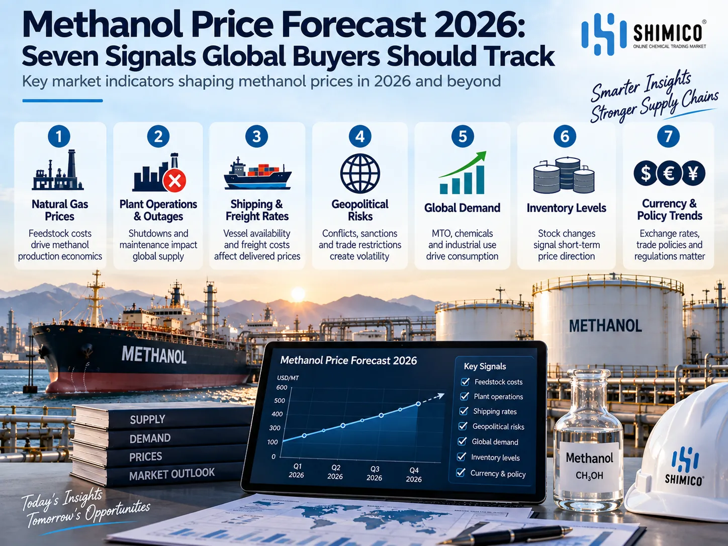 Source note: March spot values come from S&P Global Energy. September contract postings come from Methanex. A procurement comparison should use the latest assessment for the same region, delivery period and commercial basis.
Methanol Price Forecast 2026: Seven Signals Global Buyers Should Track