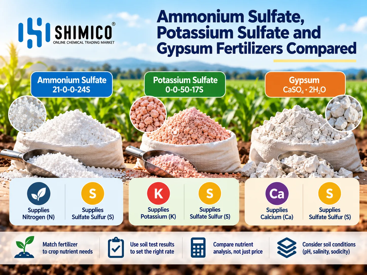 Ammonium Sulfate, Potassium Sulfate and Gypsum Fertilizers Compared