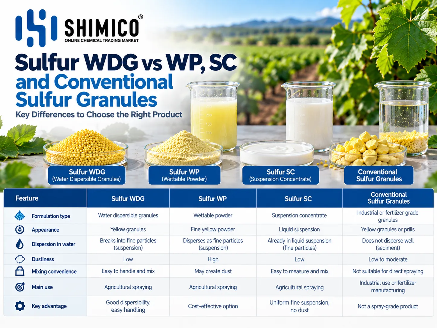 Sulfur WDG vs WP, SC and Conventional Sulfur Granules